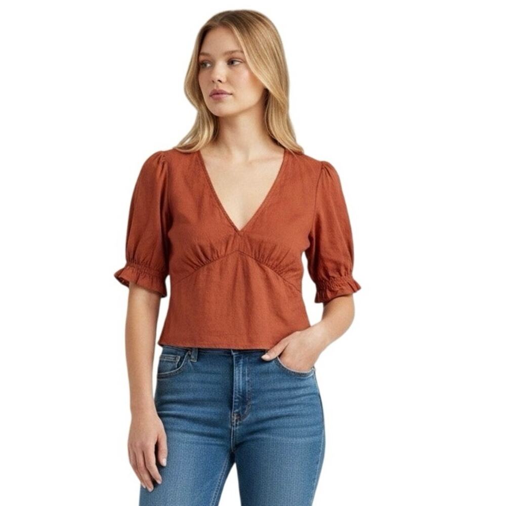 ABERCROMBIE Women’s Empire Vneck Puff Sleeve Tie Back Rust Cropped Top